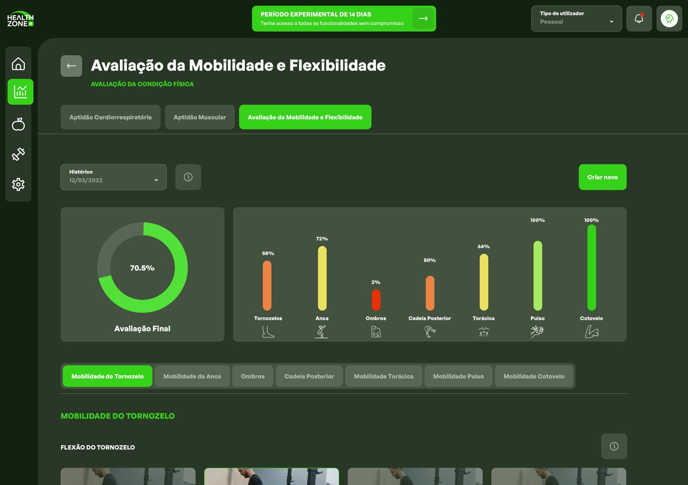 App de saúde e fitness. Avaliação da Mobilidade e Flexibilidade.