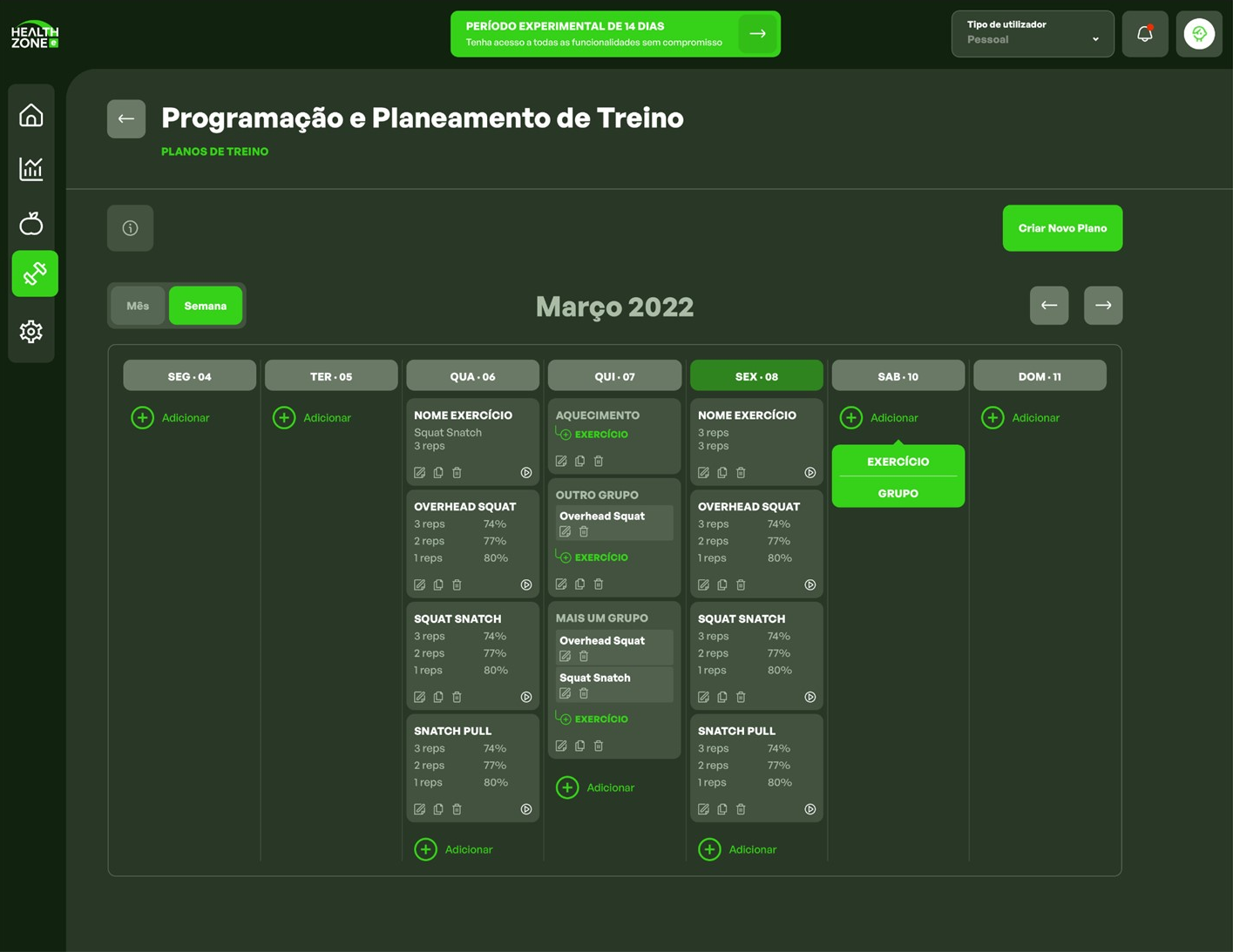App de saúde e fitness. Planos de Treino. Programação e Planeamento de Treino.