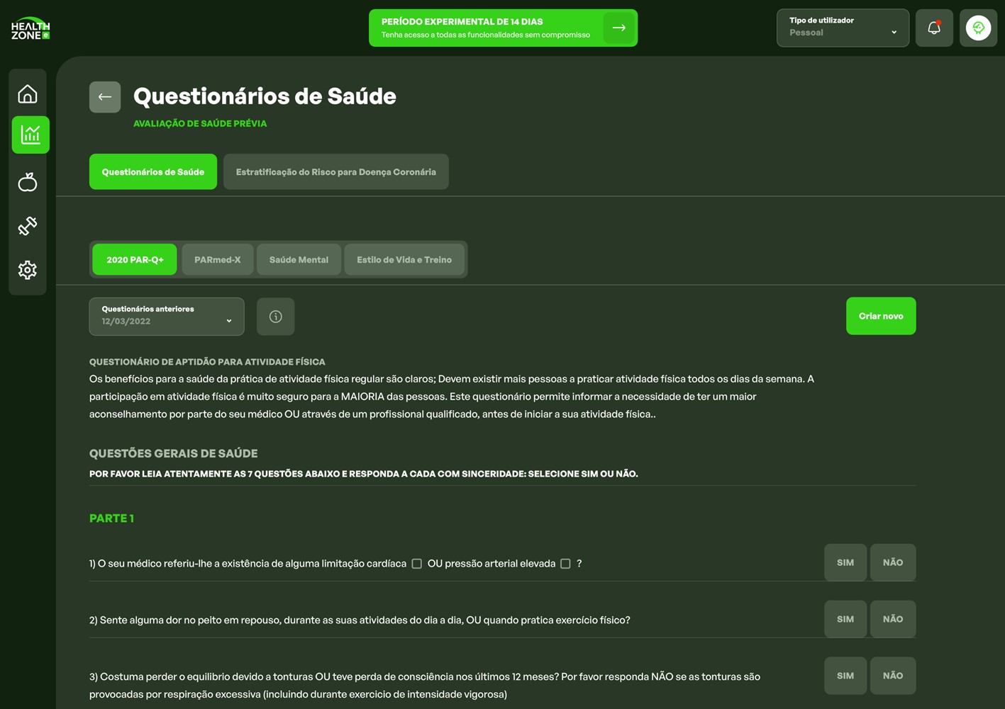 App de saúde e fitness. Questionários de saúde.